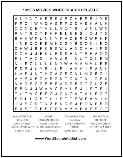 1950’s Movies Printable Word Search Puzzle | Word Search Addict