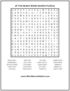 At the Beach Printable Word Search Puzzle | Word Search Addict