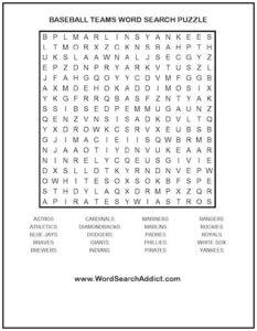 Baseball Teams Printable Word Search Puzzle | Word Search Addict