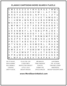 Classic Cartoons Printable Word Search Puzzle | Word Search Addict