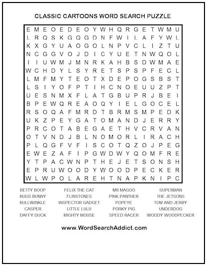 Classic Cartoons Printable Word Search Puzzle | Word Search Addict