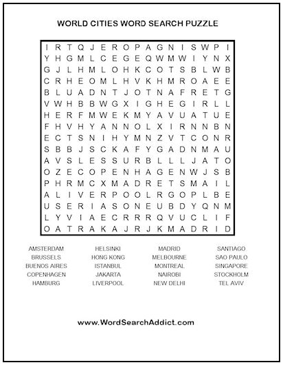 World Cities Printable Word Search Puzzle | Word Search Addict