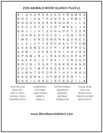 zoo animals printable word search puzzle word search addict