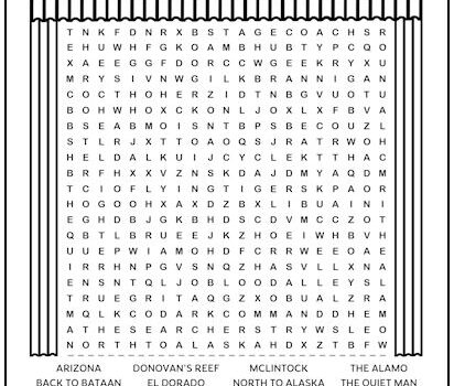 John Wayne Movies Printable Word Search Puzzle