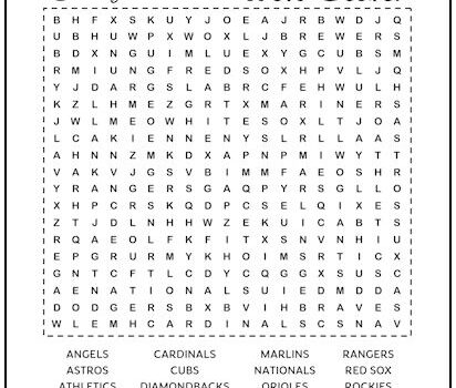 Baseball Teams Printable Word Search Puzzle