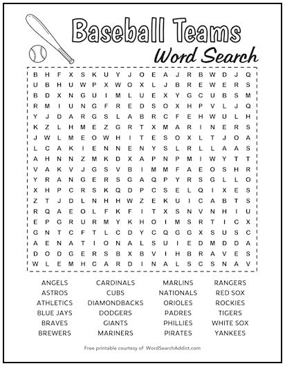 Baseball Teams Printable Word Search Puzzle