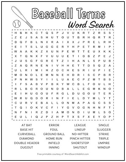 Baseball Terms Printable Word Search Puzzle