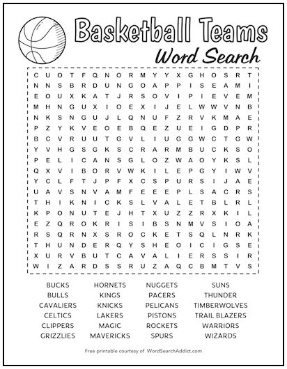 Basketball Teams Printable Word Search Puzzle