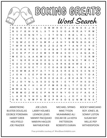 Boxing Greats Printable Word Search Puzzle