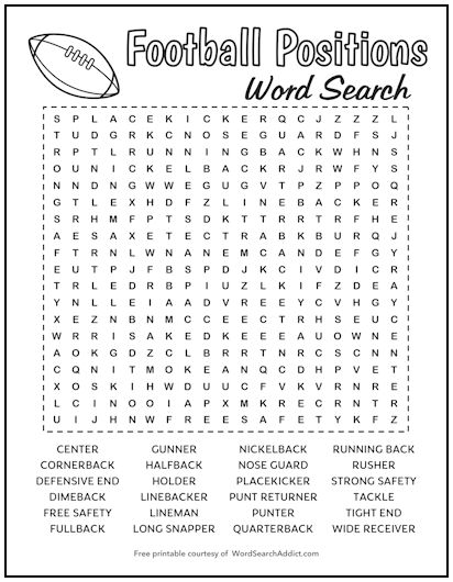 Football Positions Printable Word Search Puzzle