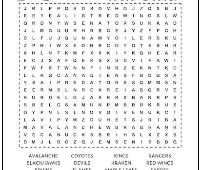 Hockey Teams Printable Word Search Puzzle