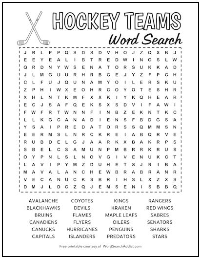 Hockey Teams Printable Word Search Puzzle