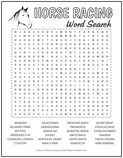Horse Racing Printable Word Search Puzzle