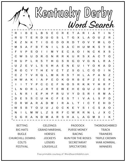 Kentucky Derby Printable Word Search Puzzle