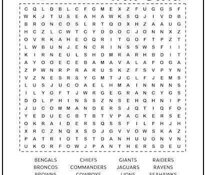 NFL Teams Printable Word Search Puzzle