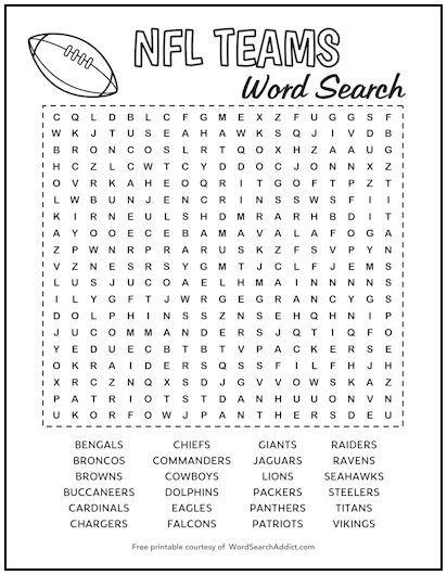 NFL Teams Printable Word Search Puzzle