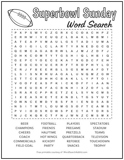 Superbowl Sunday Printable Word Search Puzzle