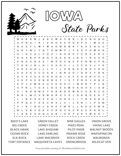 Iowa State Parks Printable Word Search