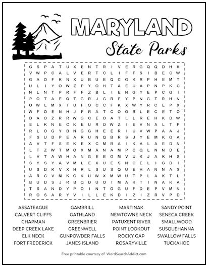 Maryland State Parks Printable Word Search