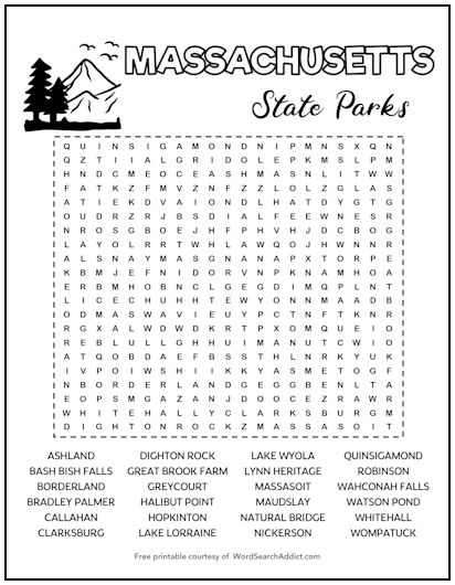 Massachusetts State Parks Printable Word Search