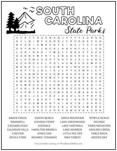 South Carolina State Parks Printable Word Search