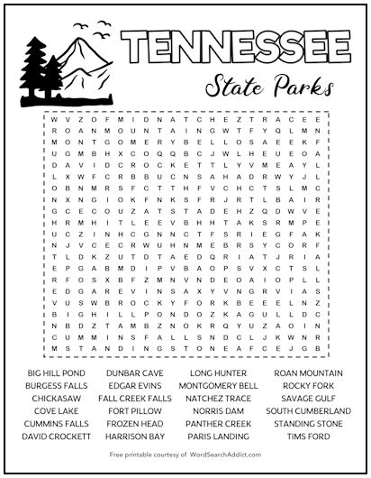 Tennessee State Parks Printable Word Search