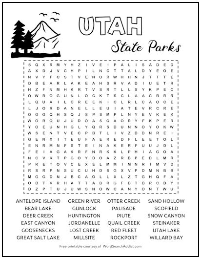 Utah State Parks Printable Word Search