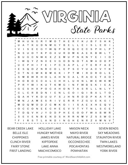 Virginia State Parks Printable Word Search