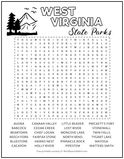 West Virginia State Parks Printable Word Search