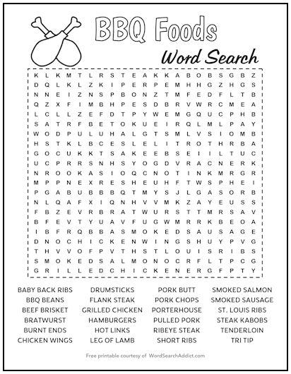 BBQ Foods Printable Word Search Puzzle