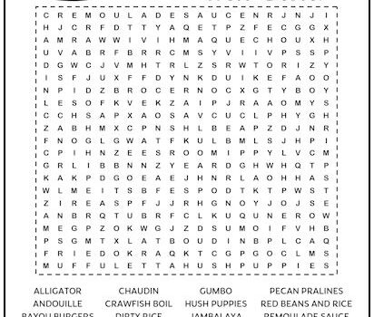 Cajun Foods Printable Word Search Puzzle