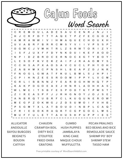 Cajun Foods Printable Word Search Puzzle