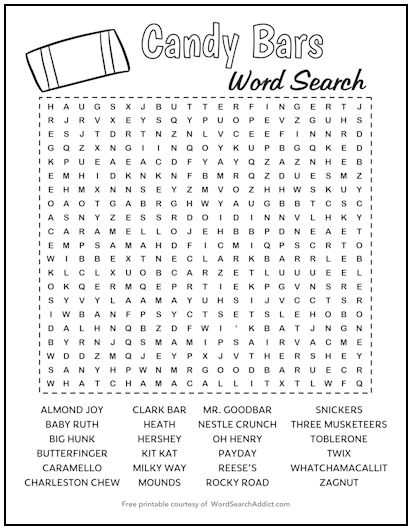 Candy Bars Printable Word Search Puzzle