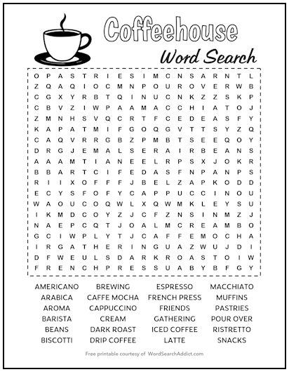 Coffeehouse Printable Word Search Puzzle