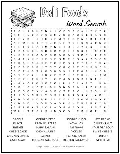 Deli Foods Printable Word Search Puzzle