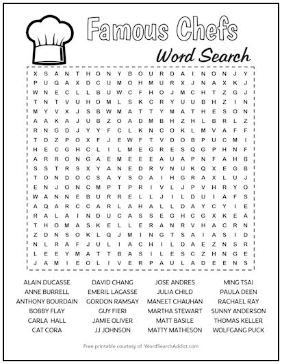 Famous Chefs Printable Word Search Puzzle