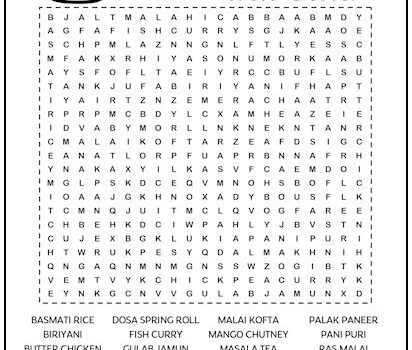 Indian Cuisine Printable Word Search Puzzle