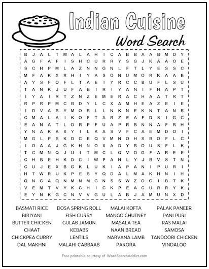 Indian Cuisine Printable Word Search Puzzle