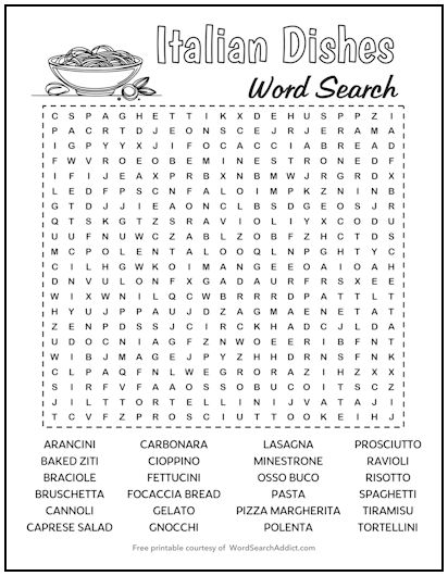 Italian Dishes Printable Word Search Puzzle