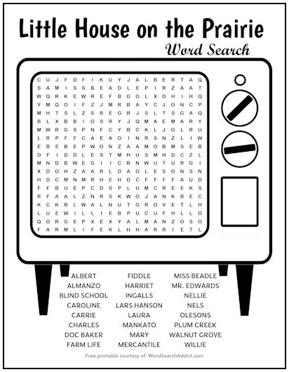 Little House on the Prairie Printable Word Search Puzzle