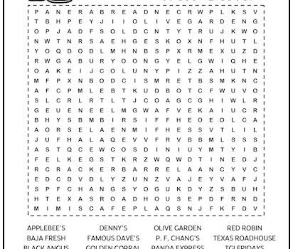 Restaurant Chains Printable Word Search Puzzle