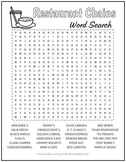 Restaurant Chains Printable Word Search Puzzle