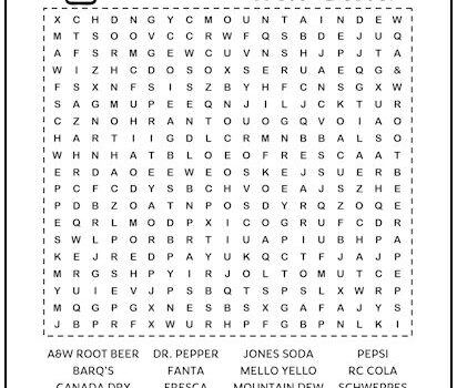 Soda Brands Printable Word Search Puzzle