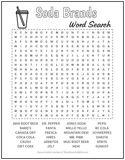 Soda Brands Printable Word Search Puzzle