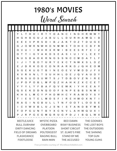 1980's Movies Printable Word Search Puzzle