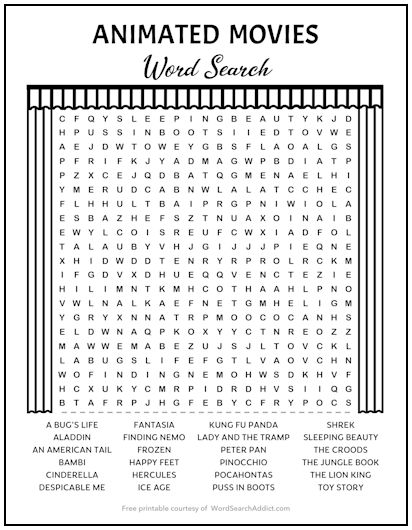 Animated Movies Printable Word Search Puzzle