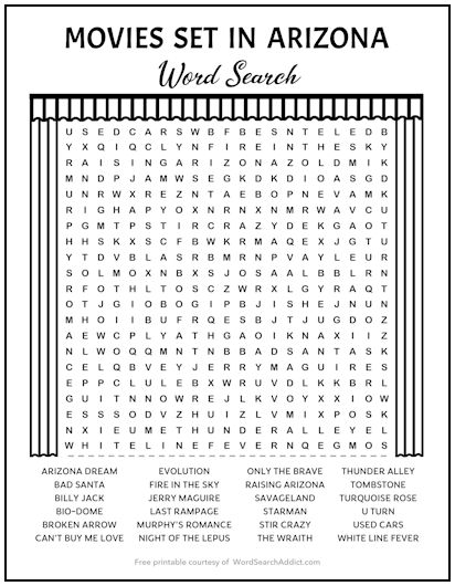 Arizona Movies Printable Word Search Puzzle