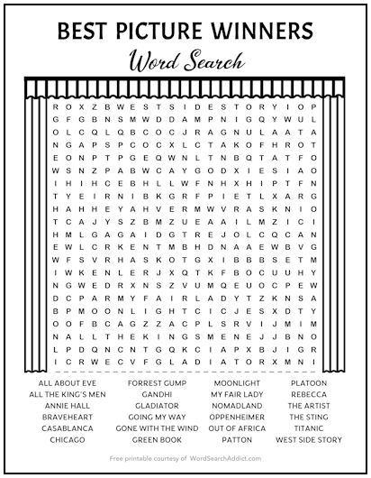 Best Picture Winners Printable Word Search Puzzle