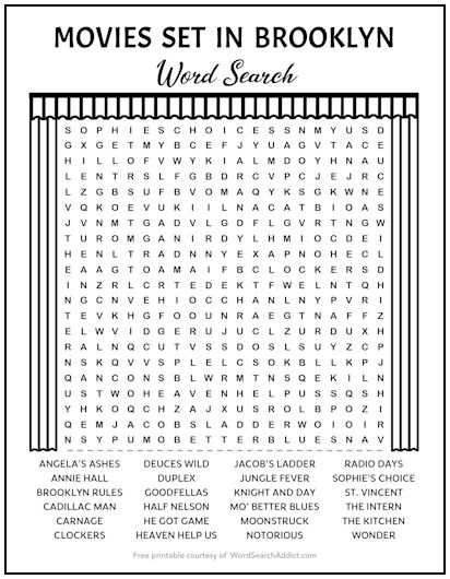 Brooklyn Movies Printable Word Search Puzzle