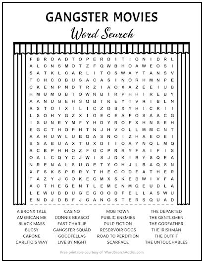 Gangster Movies Printable Word Search Puzzle